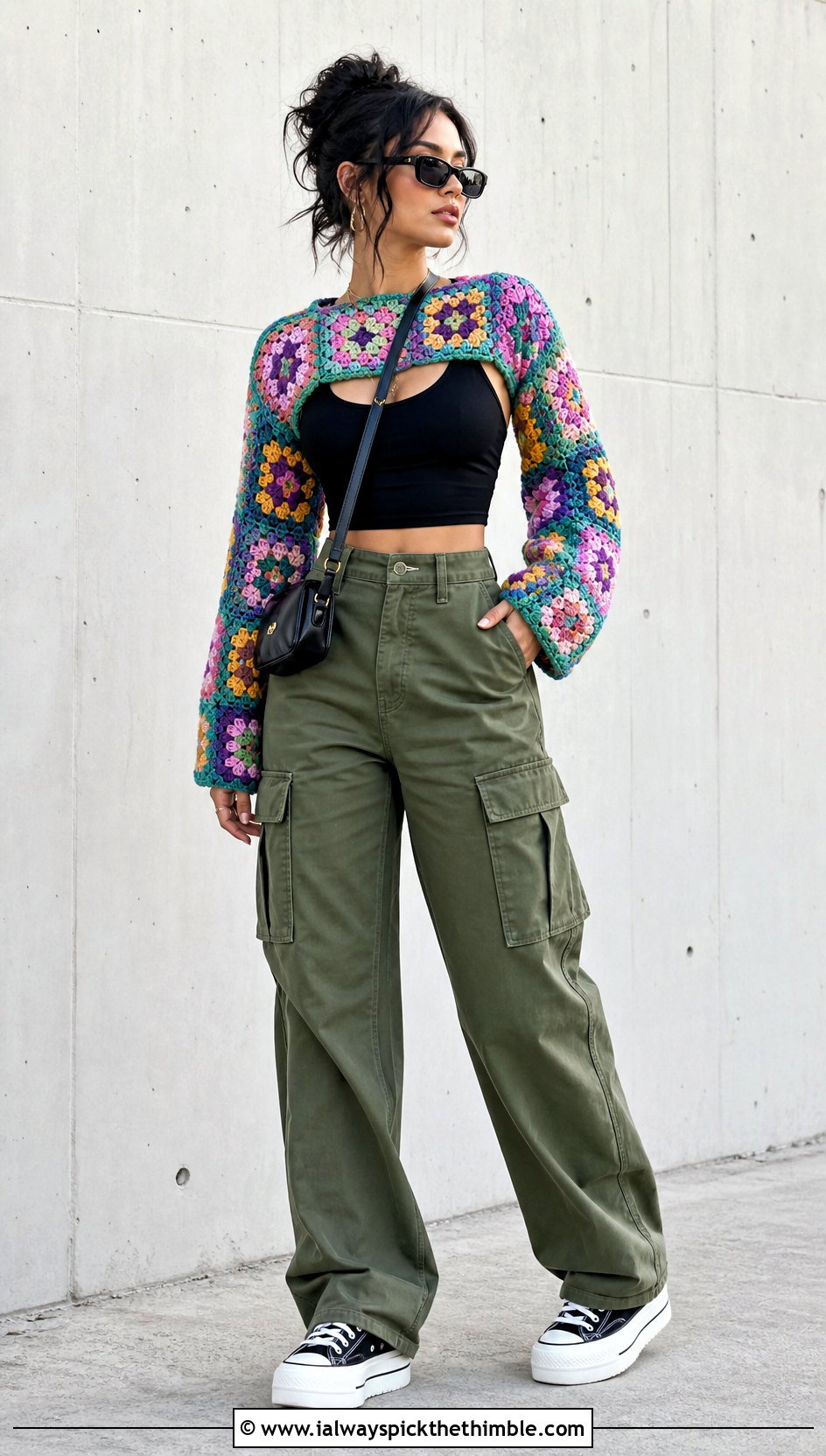 Granny Square Patchwork Crochet Crop Shrug With Cargo Pants - 20 Crochet Crop Shrug outfit ideas
