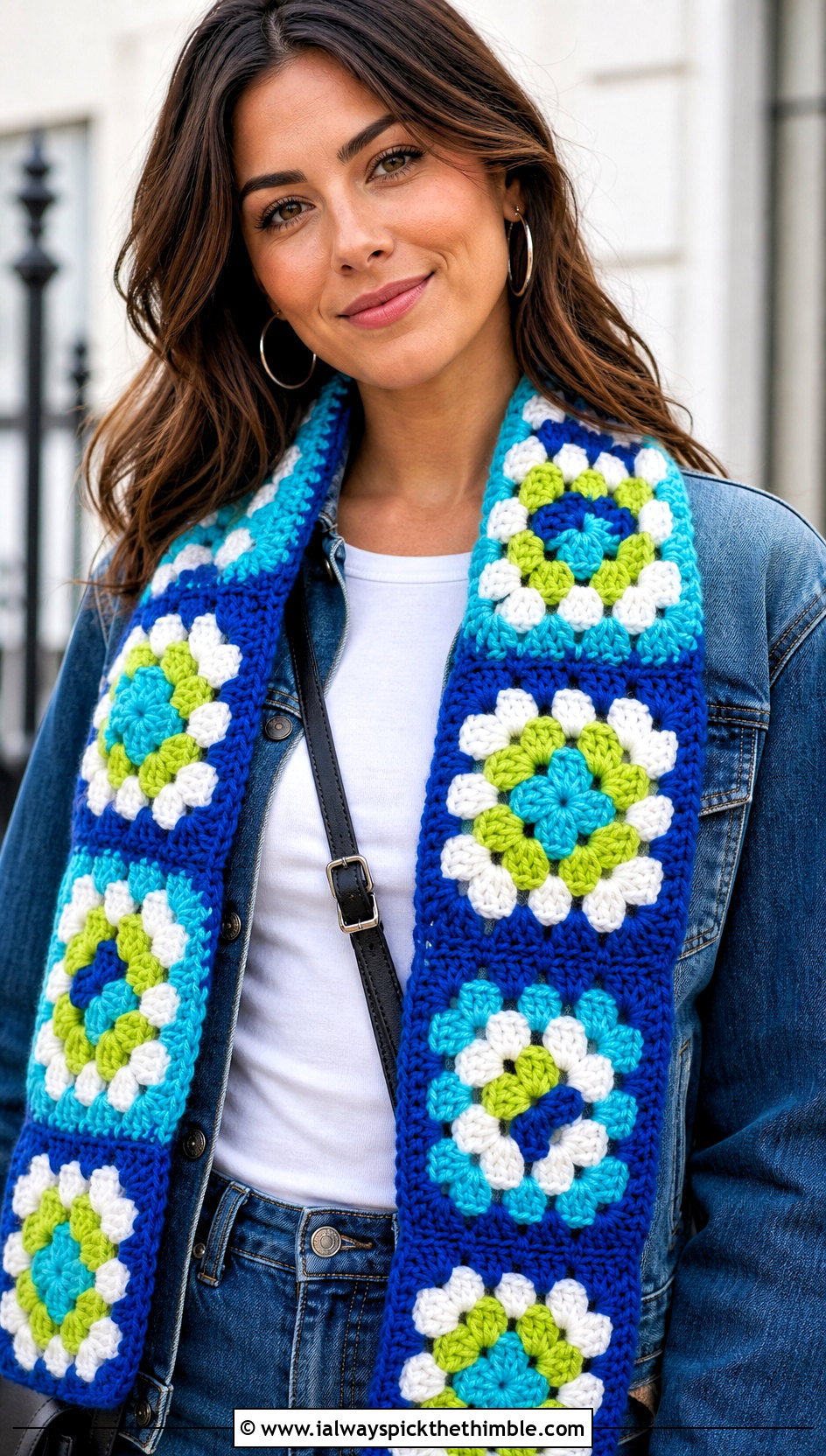 Granny Square Patchwork Crochet Scarf With Denim Jacket - 15 Patchwork Crochet Scarf outfit ideas