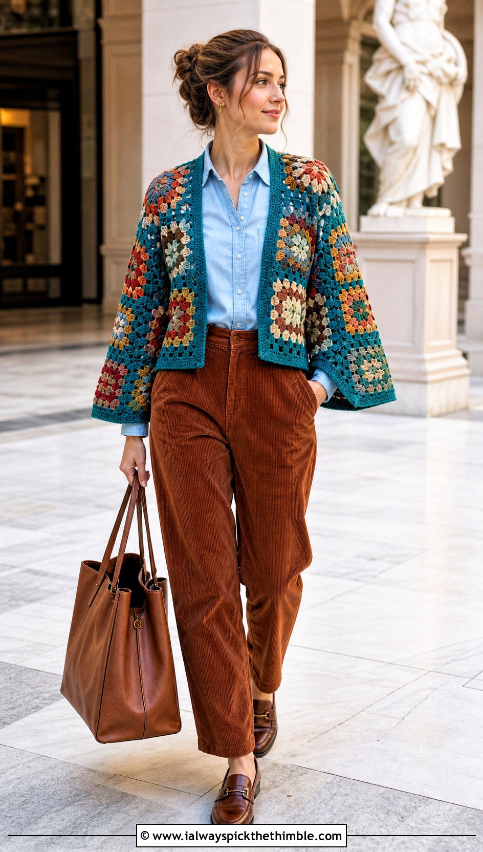 Granny Square Patchwork Crochet Shrug With Chambray Shirt And Corduroy Pants - 15 Long Sleeved Crochet Shrug outfit ideas