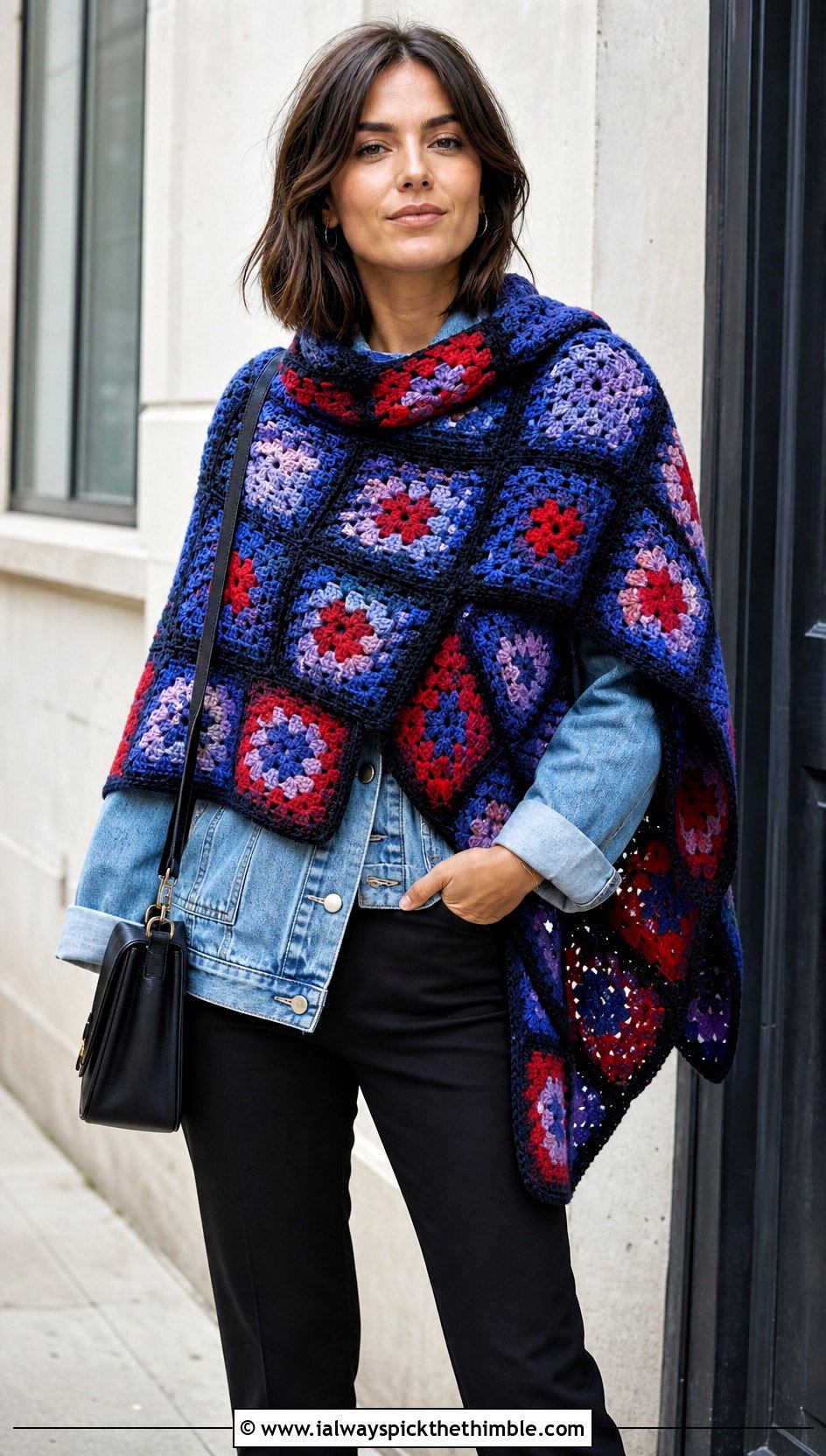 Granny Square Patchwork Shawl With Denim Jacket - 15 Granny Crochet Shawl outfit ideas
