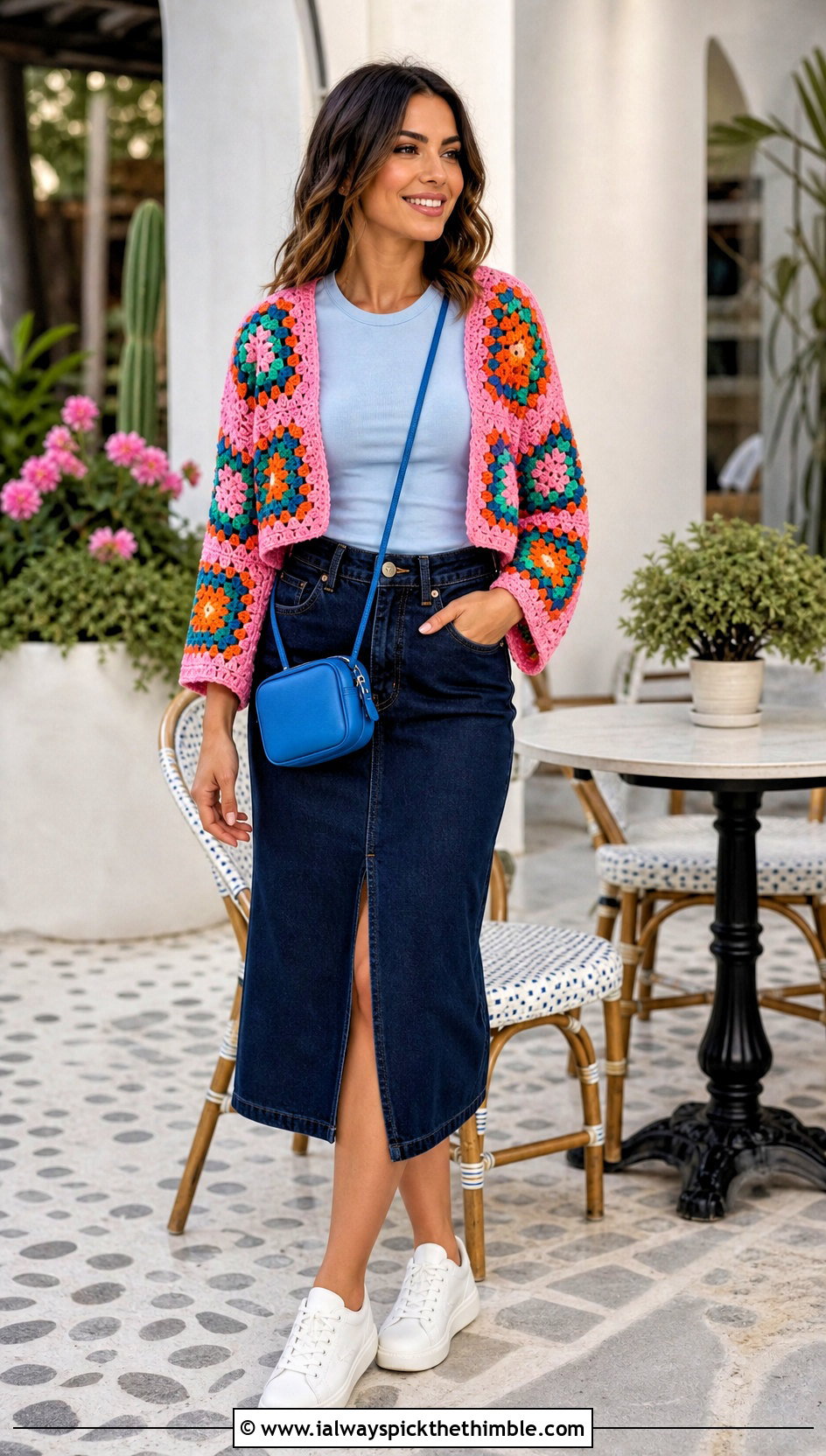 Granny Square Patchwork Shrug With Denim Skirt - 25 crochet shrug outfit ideas