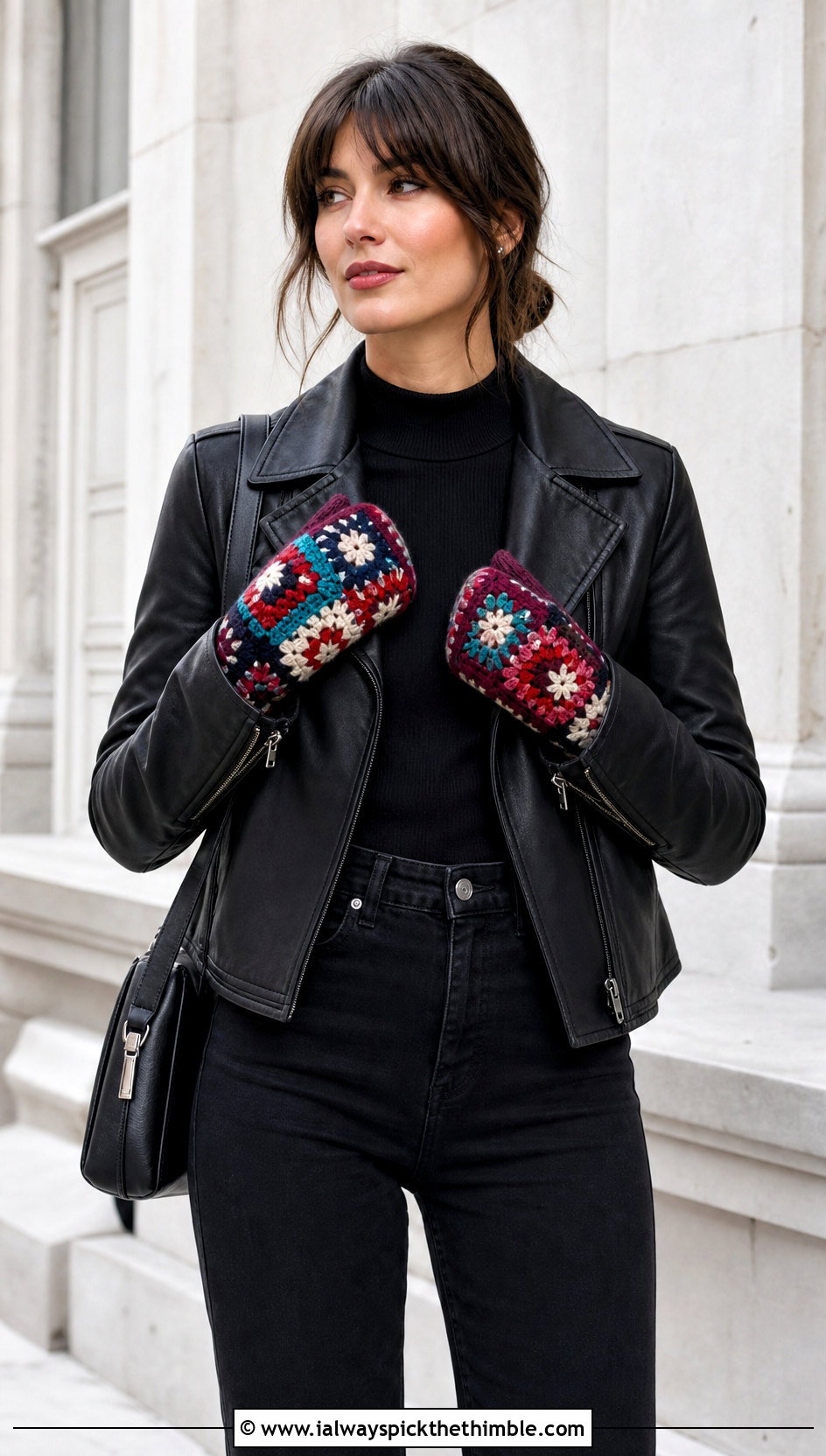 Granny Square Patchwork Tabi Crochet Mittens With Leather Jacket And Black Jeans - 20 Tabi Crochet Mittens outfit ideas