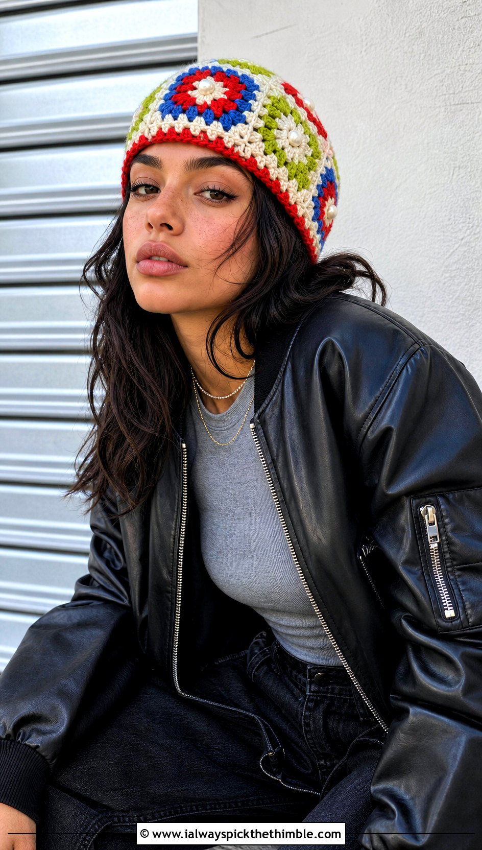 Granny Square Pearl Crochet Beanie With Leather Bomber - 15 Pearl Crochet Beanie outfit ideas