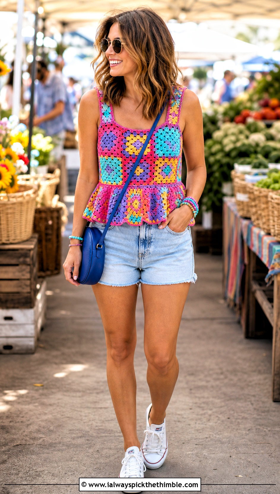 Granny Square Peplum Crochet Top With Denim Shorts - 25 peplum crochet top outfit ideas
