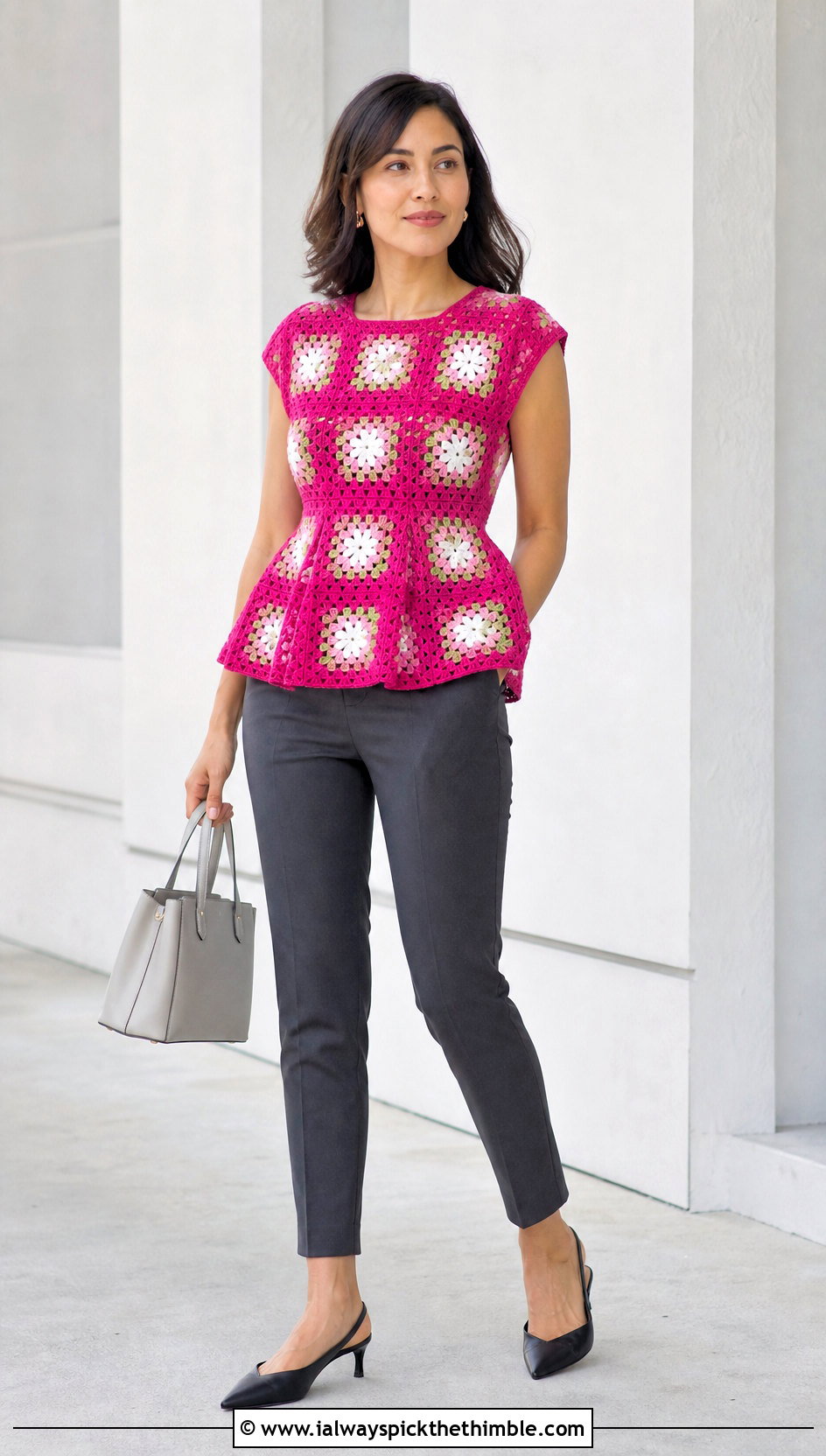 Granny Square Peplum Top With Cigarette Pants - 25 crochet granny square tops outfit ideas
