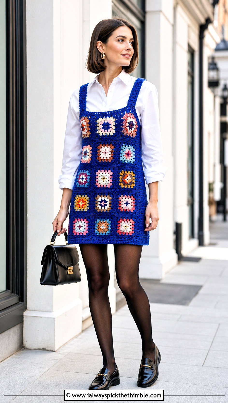 Granny Square Pinafore Crochet Jumper Dress With White Shirt - 15 Crochet Jumper Dress outfit ideas