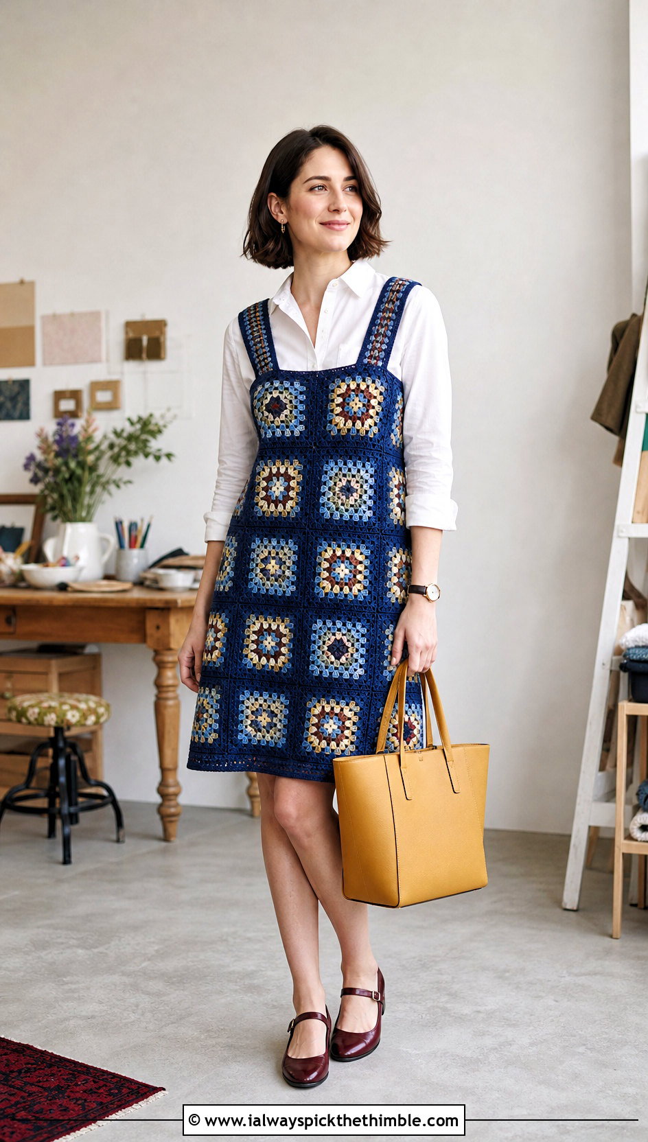 Granny Square Pinafore Dress With Button Down Shirt - 20 Granny Square Crochet Dress outfit ideas