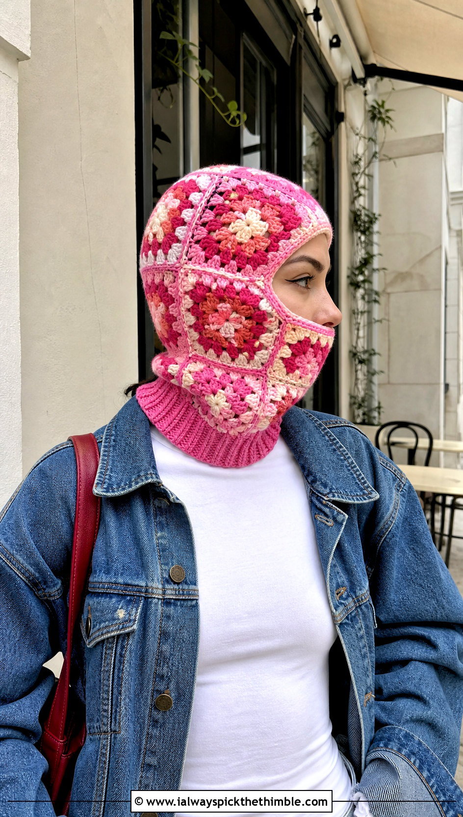 Granny Square Pink Crochet Balaclava With Denim Jacket - 20 Pink Crochet Balaclava outfit ideas
