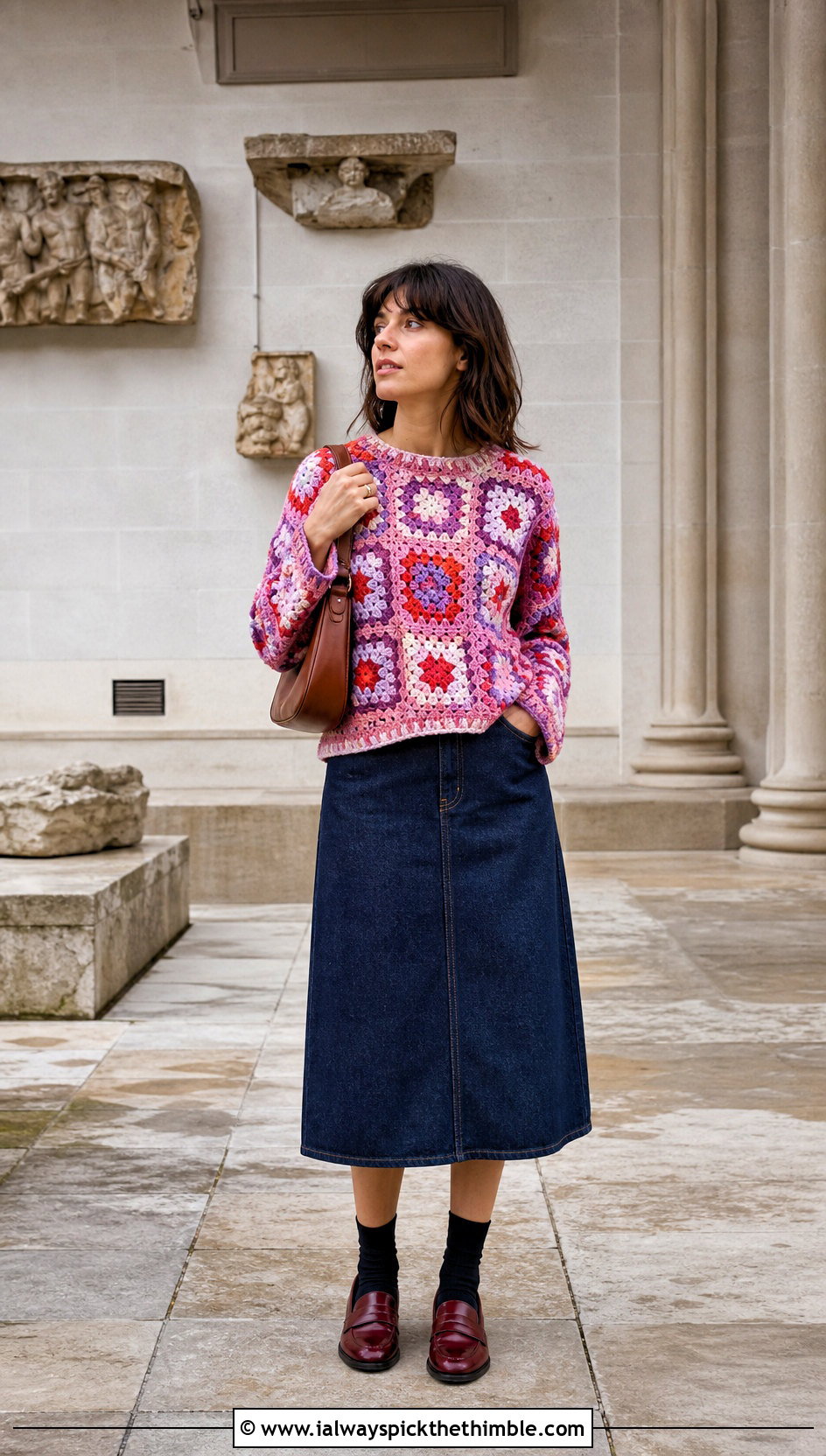 Granny Square Pink Crochet Sweater With Denim Skirt - 25 pink crochet sweater outfit ideas