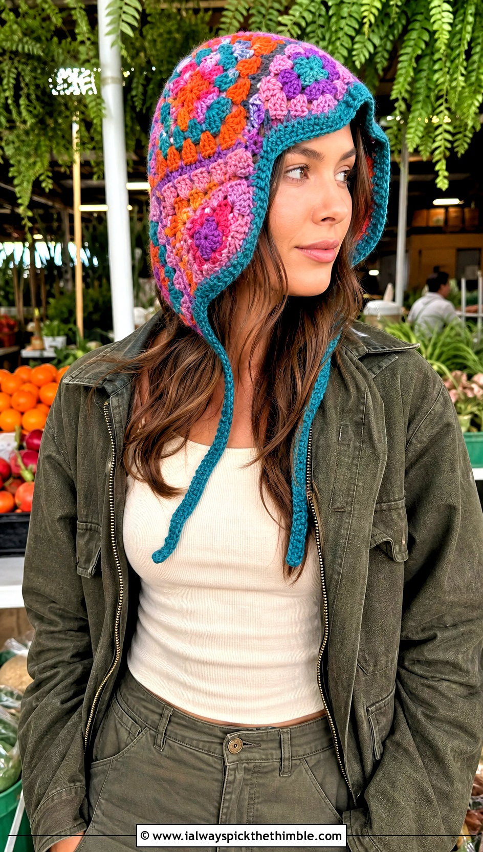 Granny Square Pixie Hood With Utility Jacket And Cargo Pants - 20 crochet pixie hat outfit ideas
