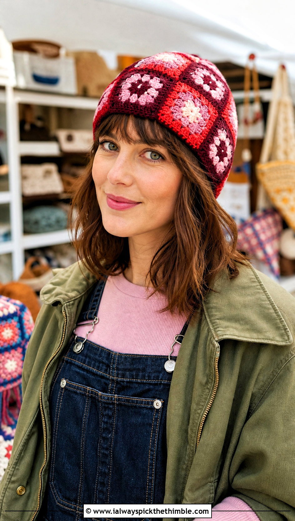 Granny Square Plaid Crochet Beanie With Overalls - 15 Plaid Crochet Beanie outfit ideas