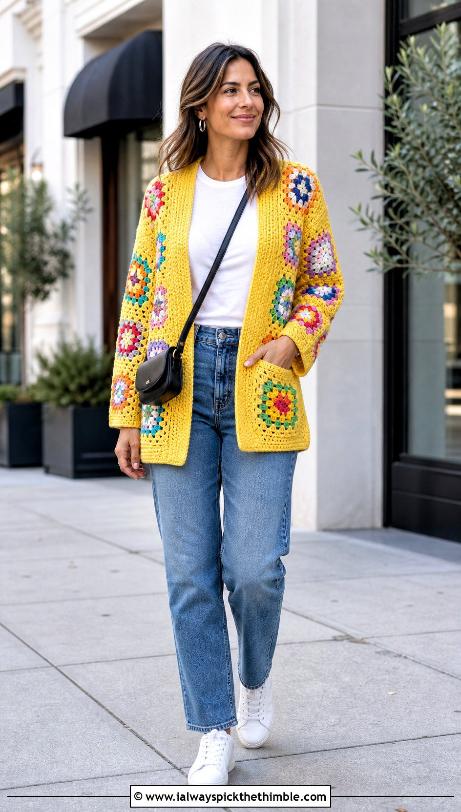 Granny Square Pocket Cardigan With Straight Leg Jeans - 25 crochet cardigan with pockets outfit ideas