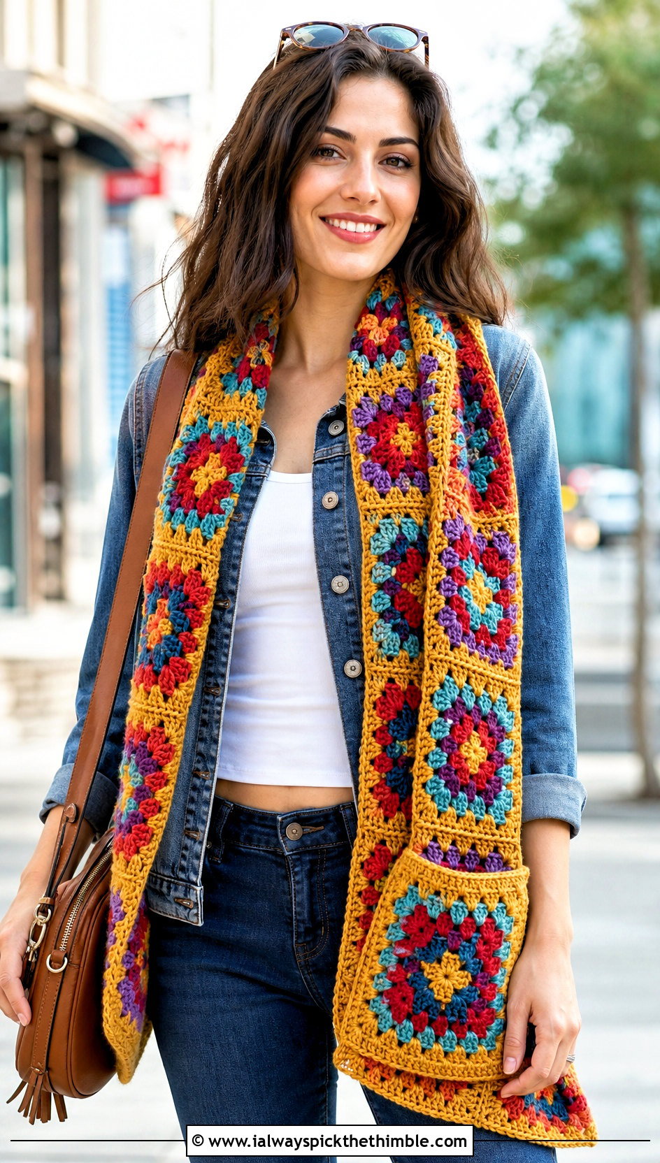 Granny Square Pocket Crochet Shawl With Denim Jacket - 15 Pocket Crochet Shawl outfit ideas
