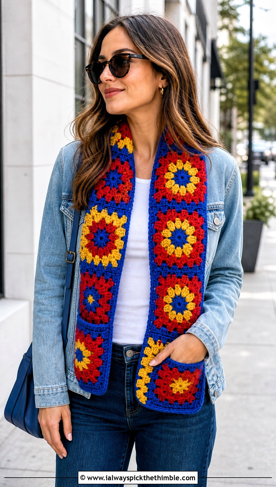 Granny Square Pocket Scarf With Denim Jacket - 20 crochet pocket scarves outfit ideas