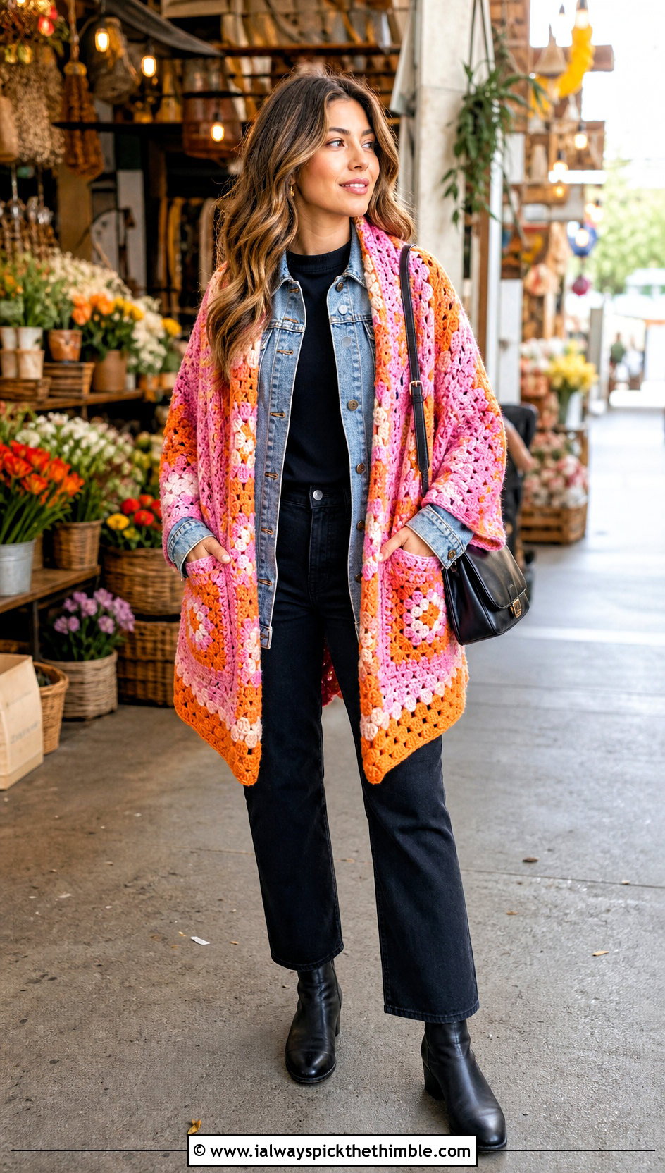 Granny Square Pocket Shawl With Denim Jacket - 20 Easy Crochet Shawl With Pockets outfit ideas