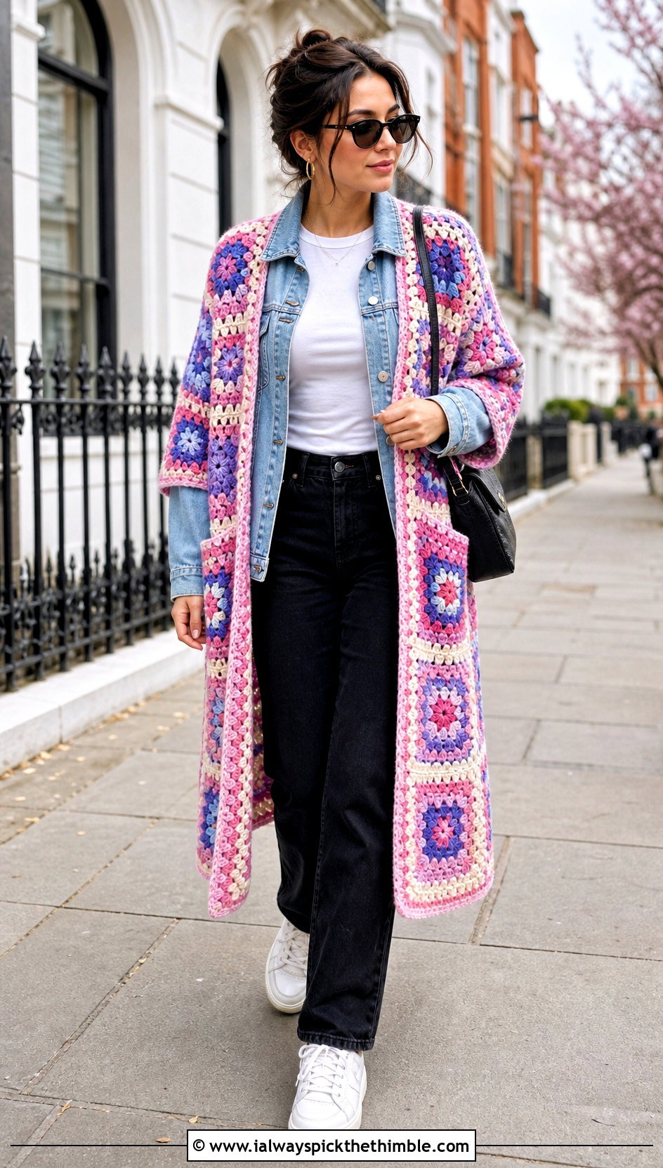 Granny Square Pocket Shawl With Denim Jacket - 15 Crochet Shawls And Wraps With Pockets outfit ideas