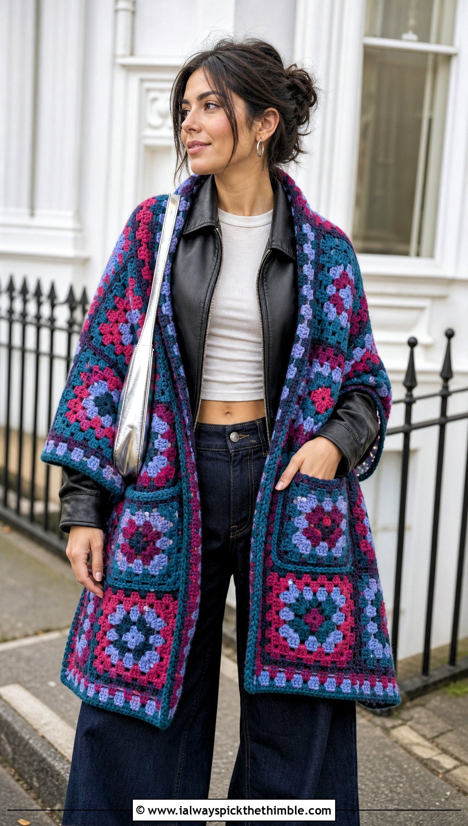 Granny Square Pocket Shawl With Leather Jacket - 20 Crochet Pocket Scarf Shawl outfit ideas
