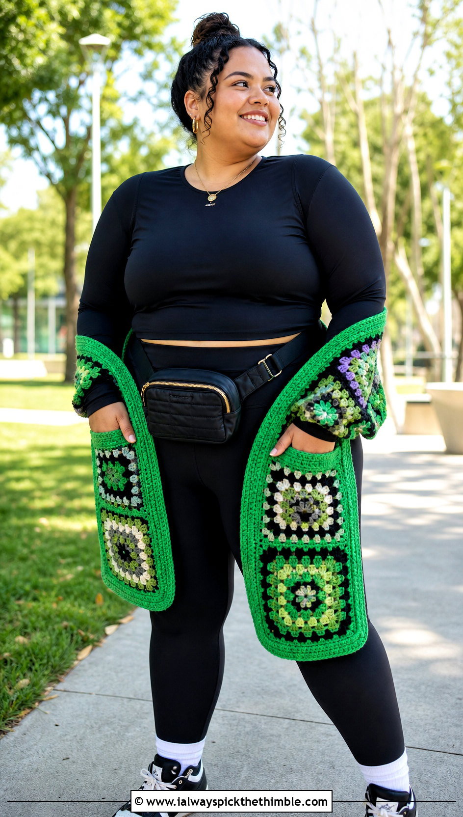 Granny Square Pocket Wrap With Leggings And Sneakers - 20 granny square wrap outfit ideas