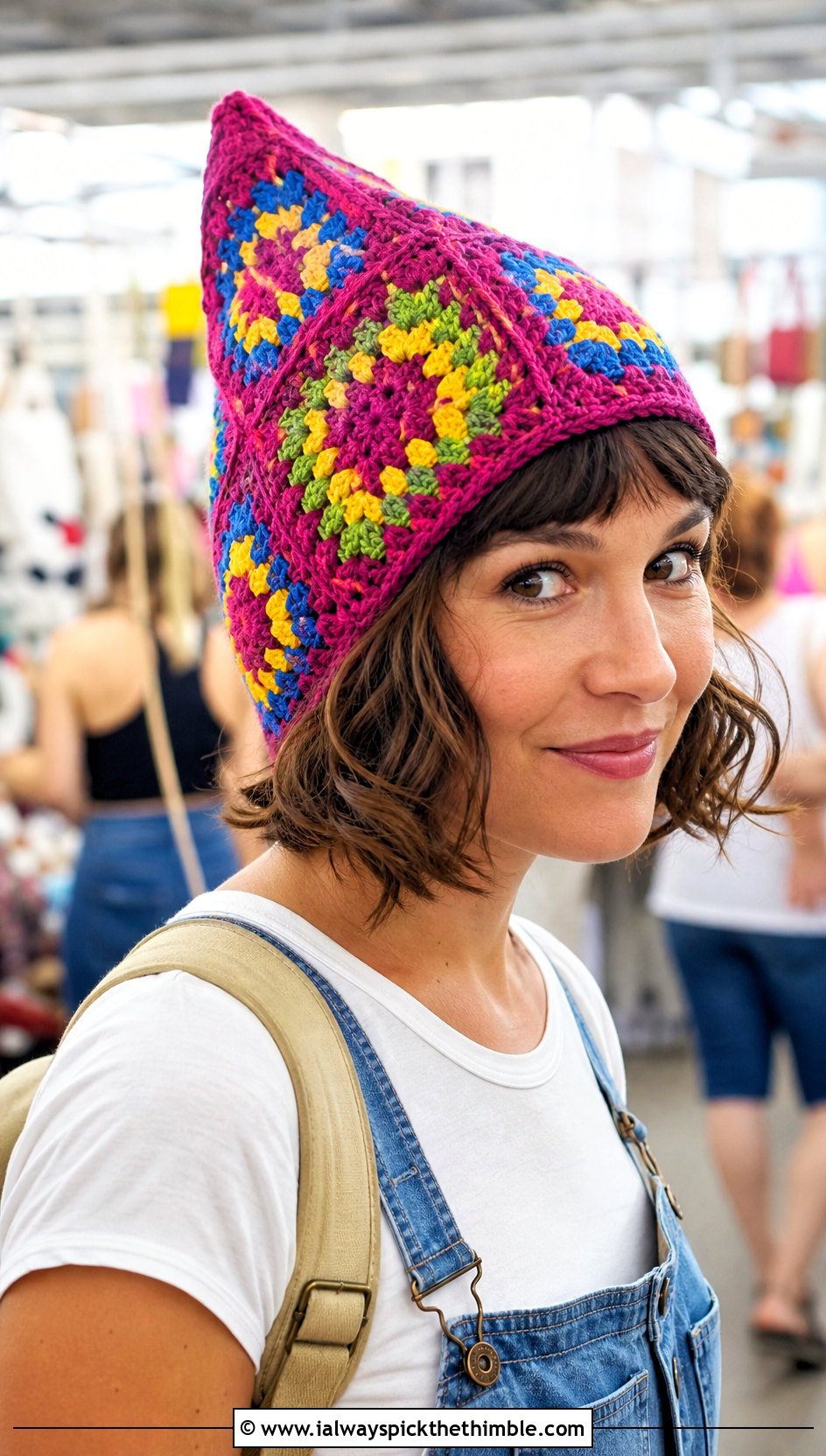 Granny Square Pointed Crochet Hat With Overalls And T Shirt - 20 Pointed Crochet Hat outfit ideas