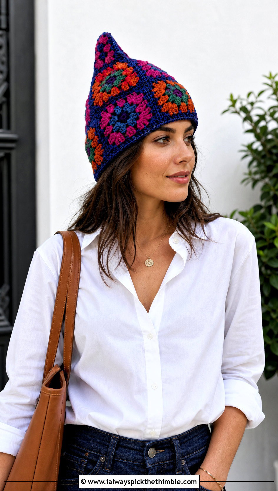 Granny Square Pointed Crochet Hat With White Shirt And Jeans - 20 pointy crochet hat outfit ideas