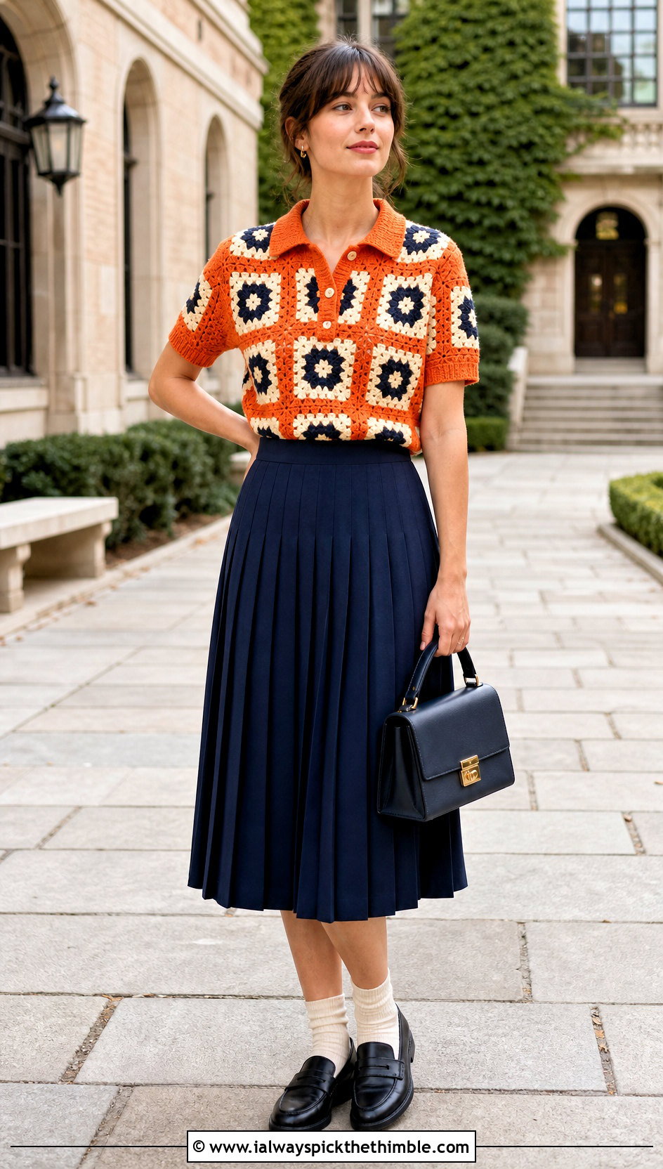 Granny Square Polo Shirt With Pleated Midi Skirt - 25 granny square shirt outfit ideas