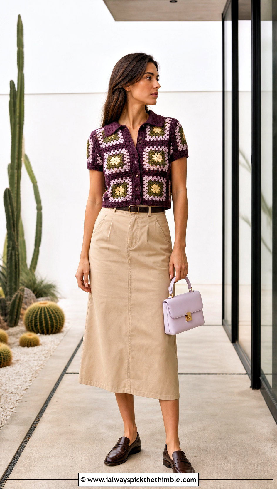 Granny Square Polo Top With Chino Midi Skirt - 20 crochet summer tops granny squares outfit ideas