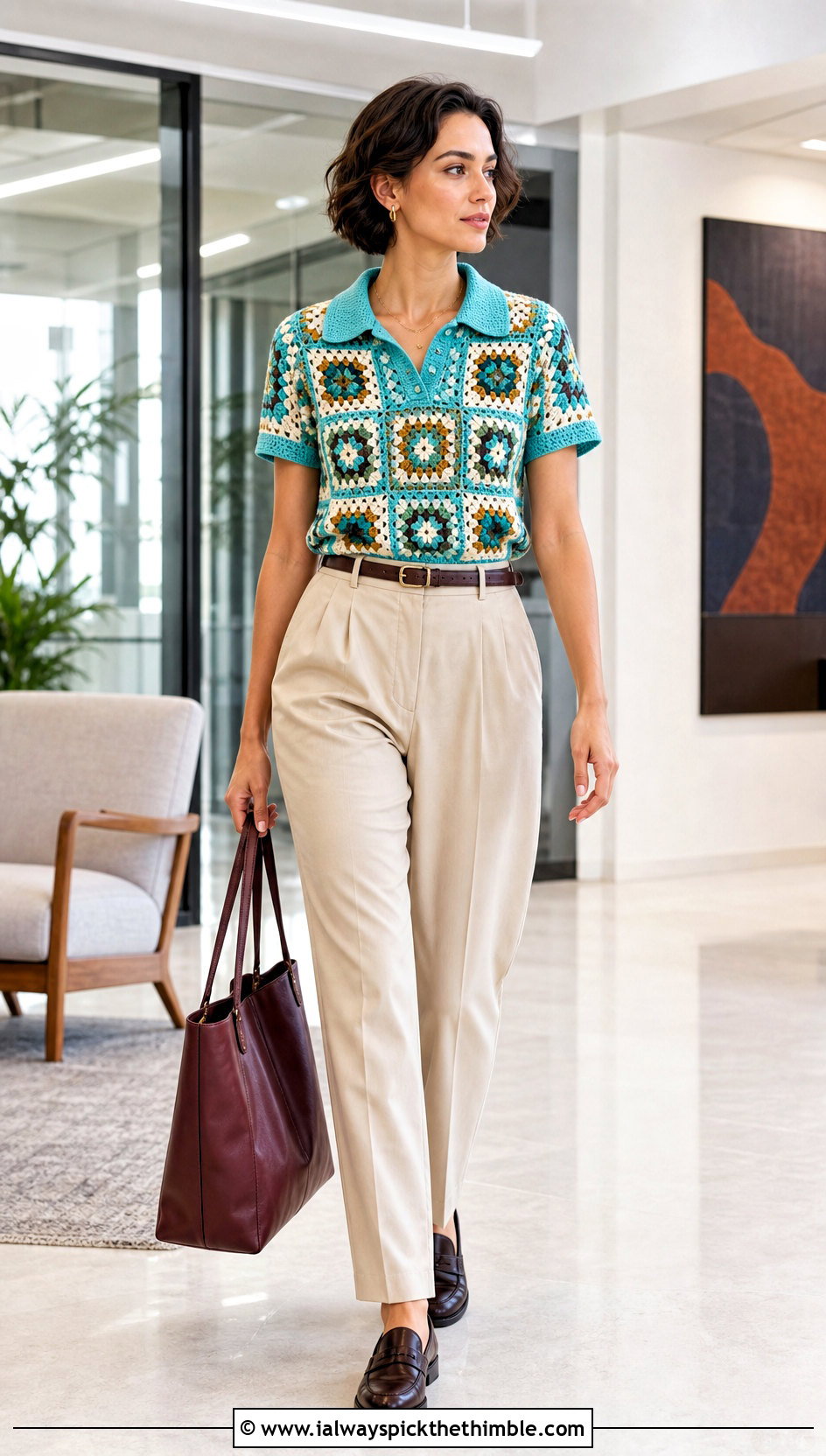 Granny Square Polo Top With Pleated Trousers - 25 granny square crochet top outfit ideas