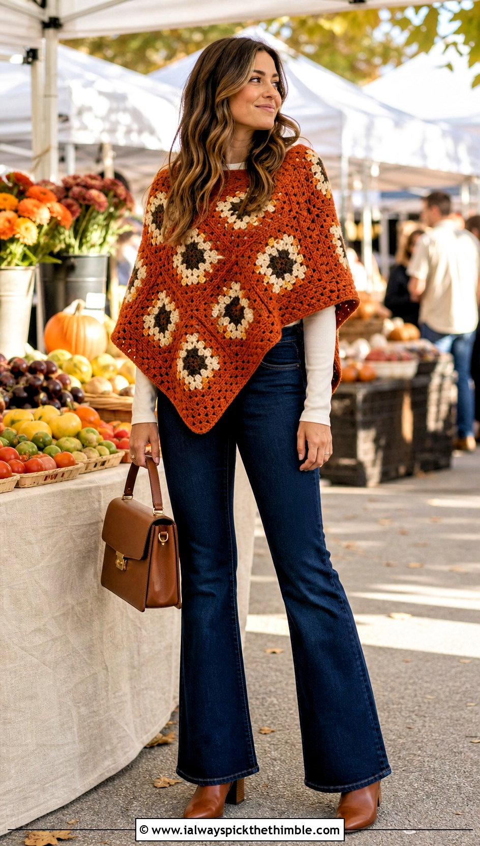 Granny Square Poncho With Flared Jeans - 25 Granny Square Clothing Ideas