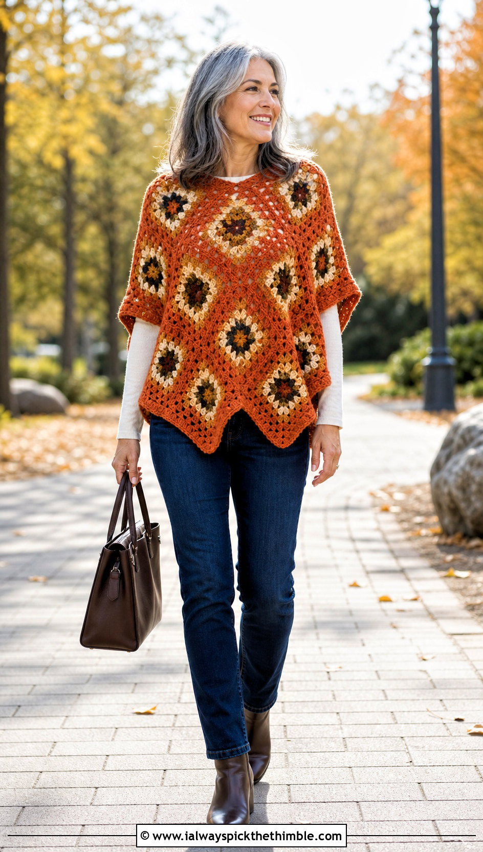Granny Square Poncho With Slim Jeans - 25 Granny Square Outfit ideas