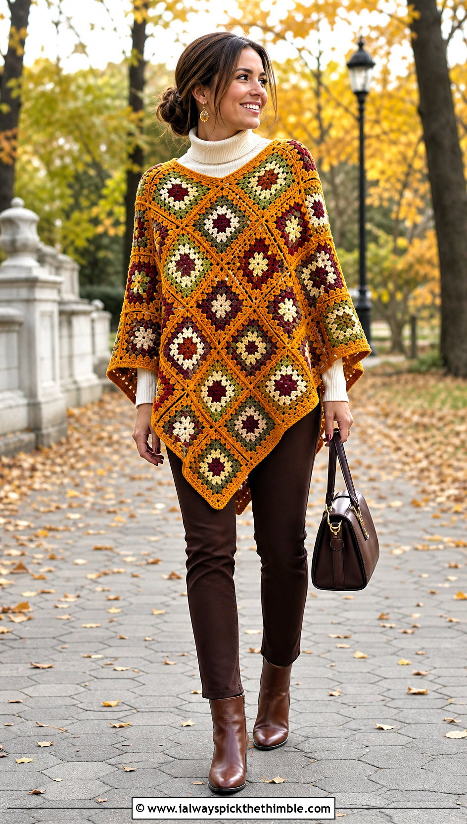 Granny Square Poncho With Slim Trousers - 20 Crochet Clothes With Granny Squares outfit ideas