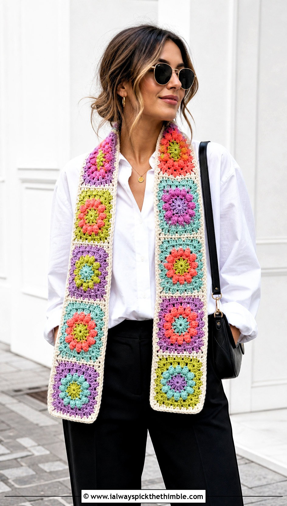 Granny Square Popcorn Crochet Scarf With White Shirt - 20 Popcorn Crochet Scarf outfit ideas