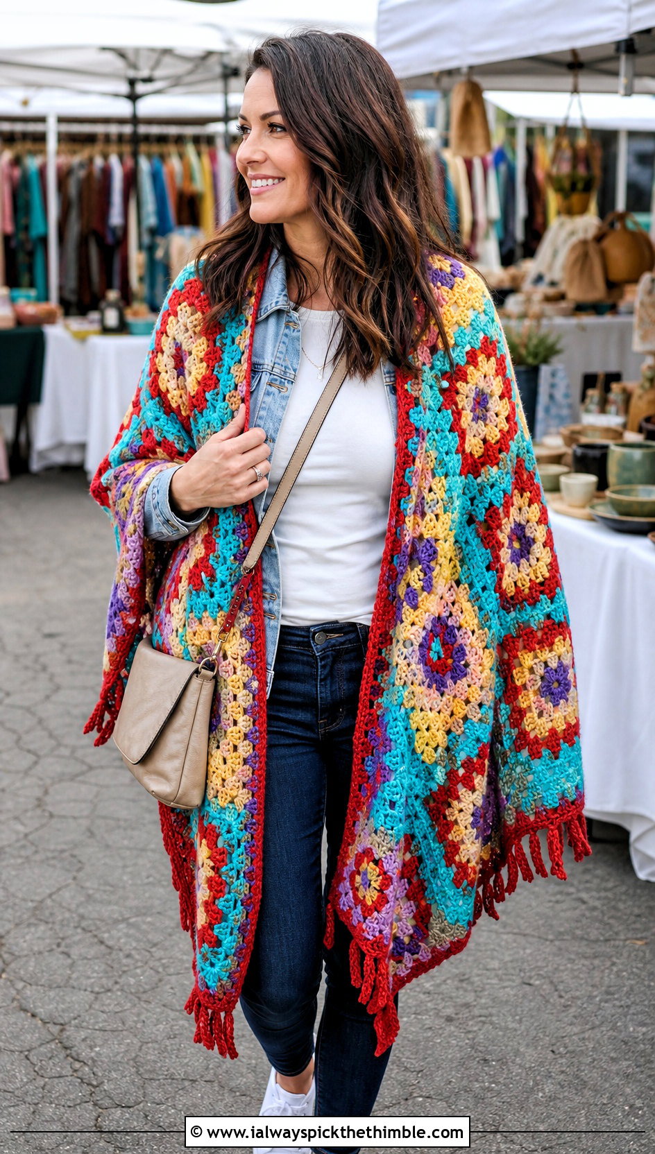 Granny Square Prayer Shawl With Denim Jacket - 25 easy crochet prayer shawls outfit ideas