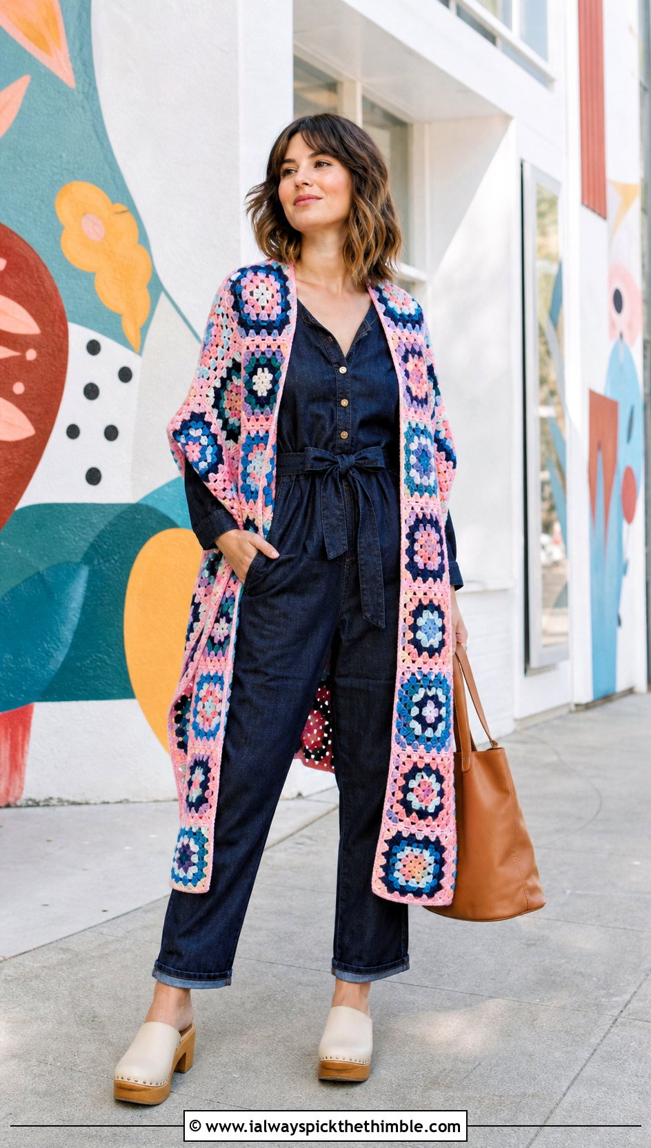 Granny Square Prayer Shawl With Denim Jumpsuit - 25 crochet prayer shawl outfit ideas
