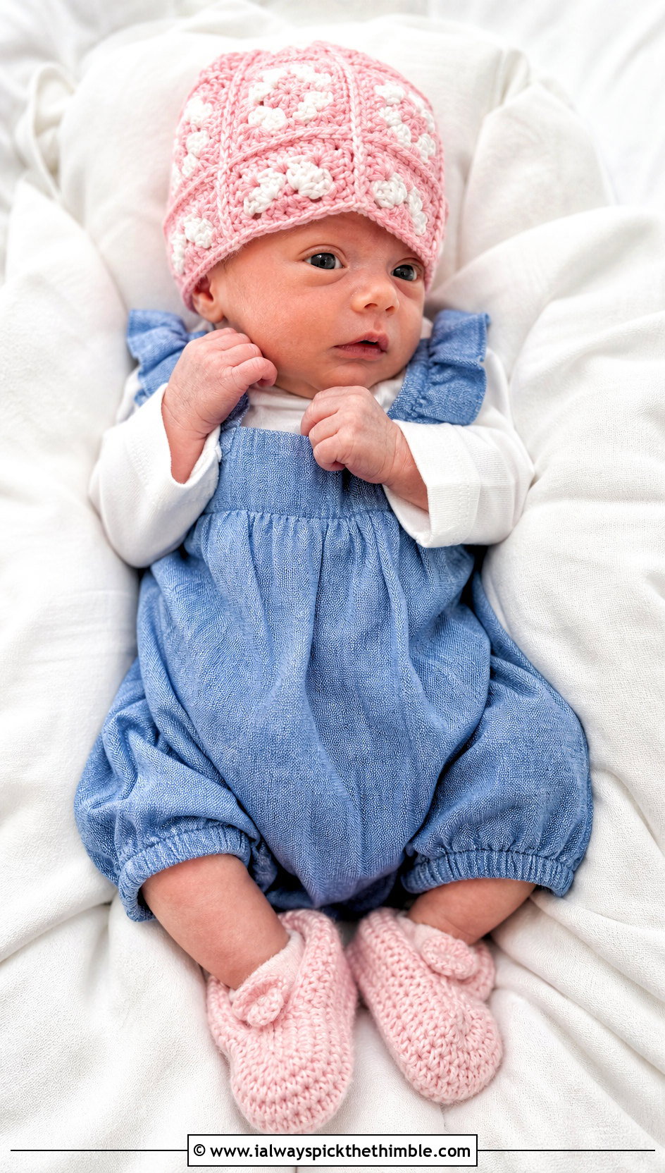 Granny Square Preemie Crochet Hat With Denim Romper - 20 premie crochet hat outfit ideas