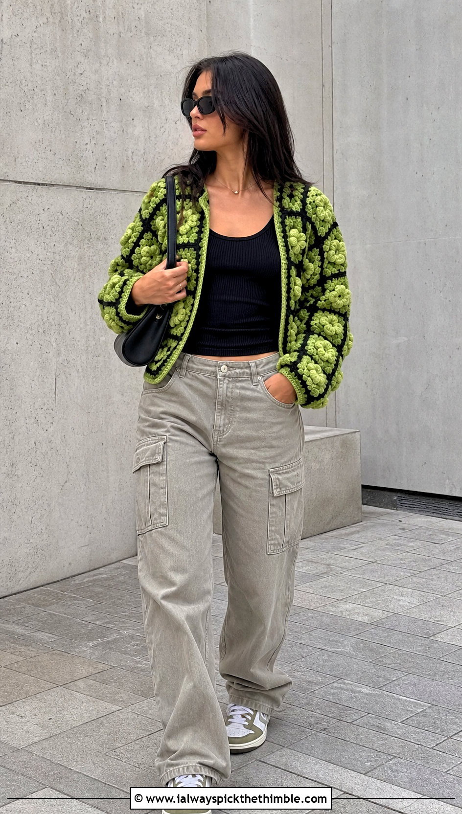 Granny Square Puff Flower Crochet Cardigan With Cargo Pants - 20 puff flower crochet cardigan outfit ideas