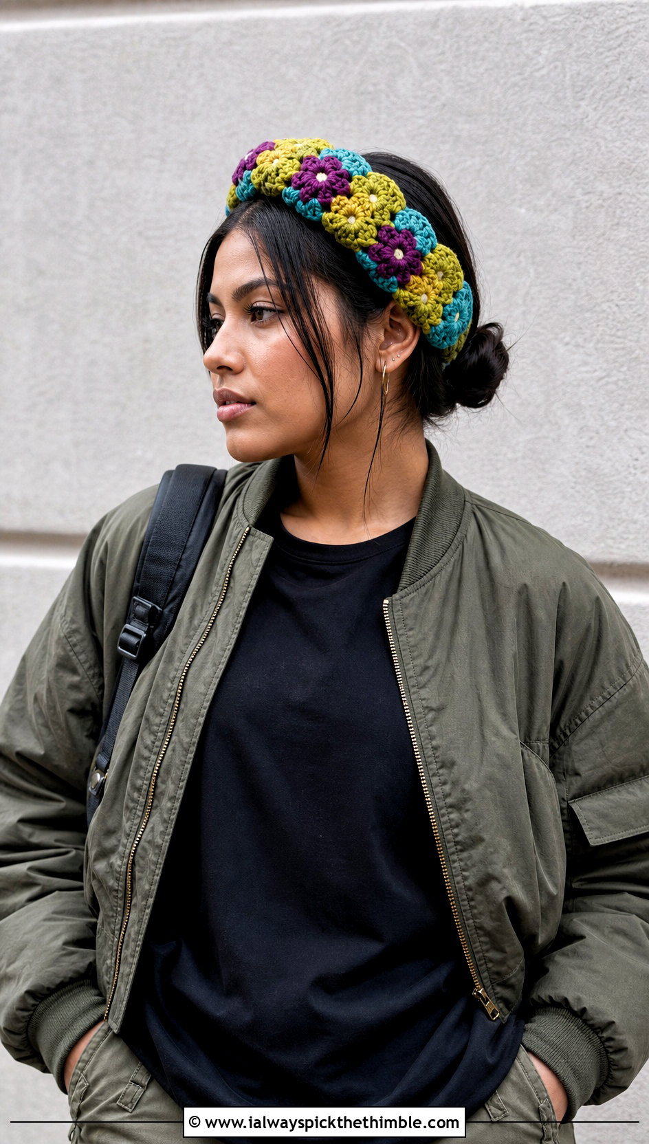 Granny Square Puff Flower Headband With Streetwear Layers - 20 crochet puff flower headband outfit ideas