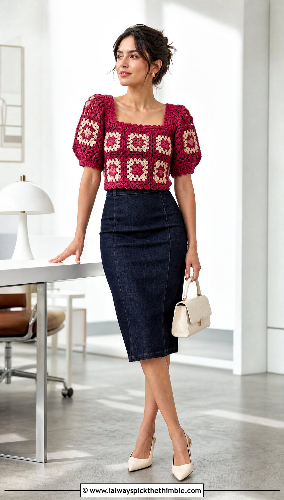 Granny Square Puff Sleeve Top With Pencil Skirt - 25 granny squares top outfit ideas