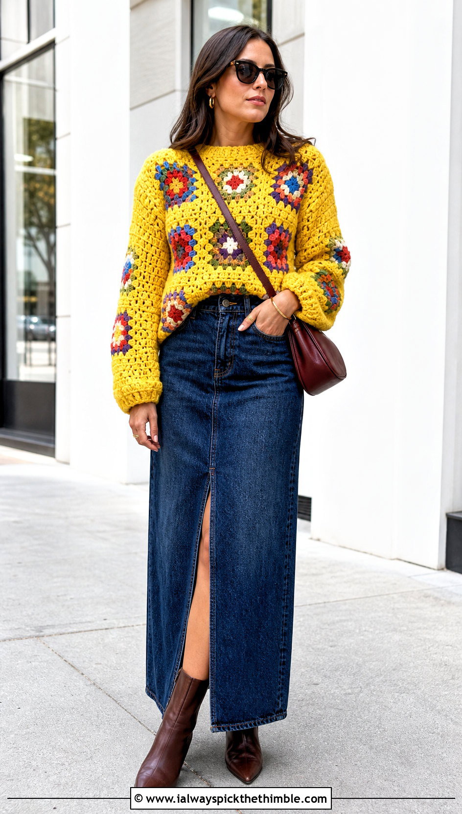 Granny Square Puffy Crochet Sweater With Denim Maxi Skirt - 15 Puffy Crochet Sweater outfit ideas