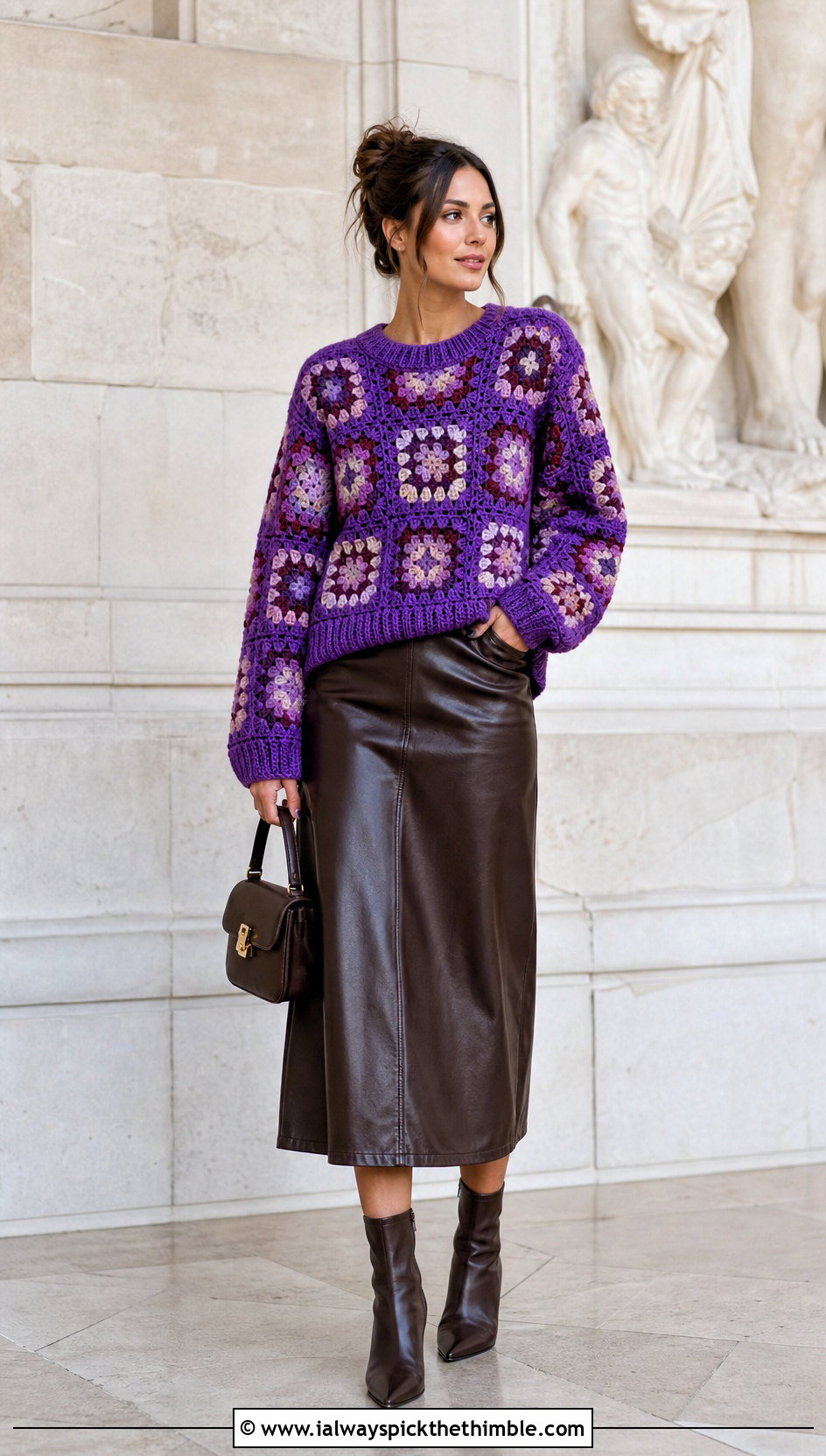 Granny Square Pullover Sweater With Leather Midi Skirt - 20 granny squares clothes and outfit ideas