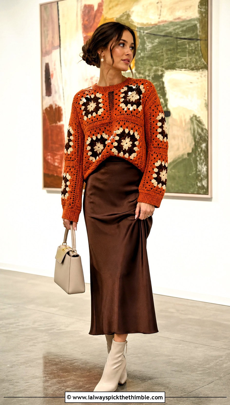 Granny Square Pullover Sweater With Satin Skirt - 20 Crochet Clothes With Granny Squares outfit ideas