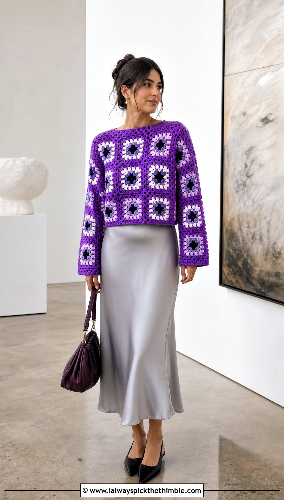 Granny Square Pullover With Satin Midi Skirt - 20 crochet granny square clothing and outfit ideas