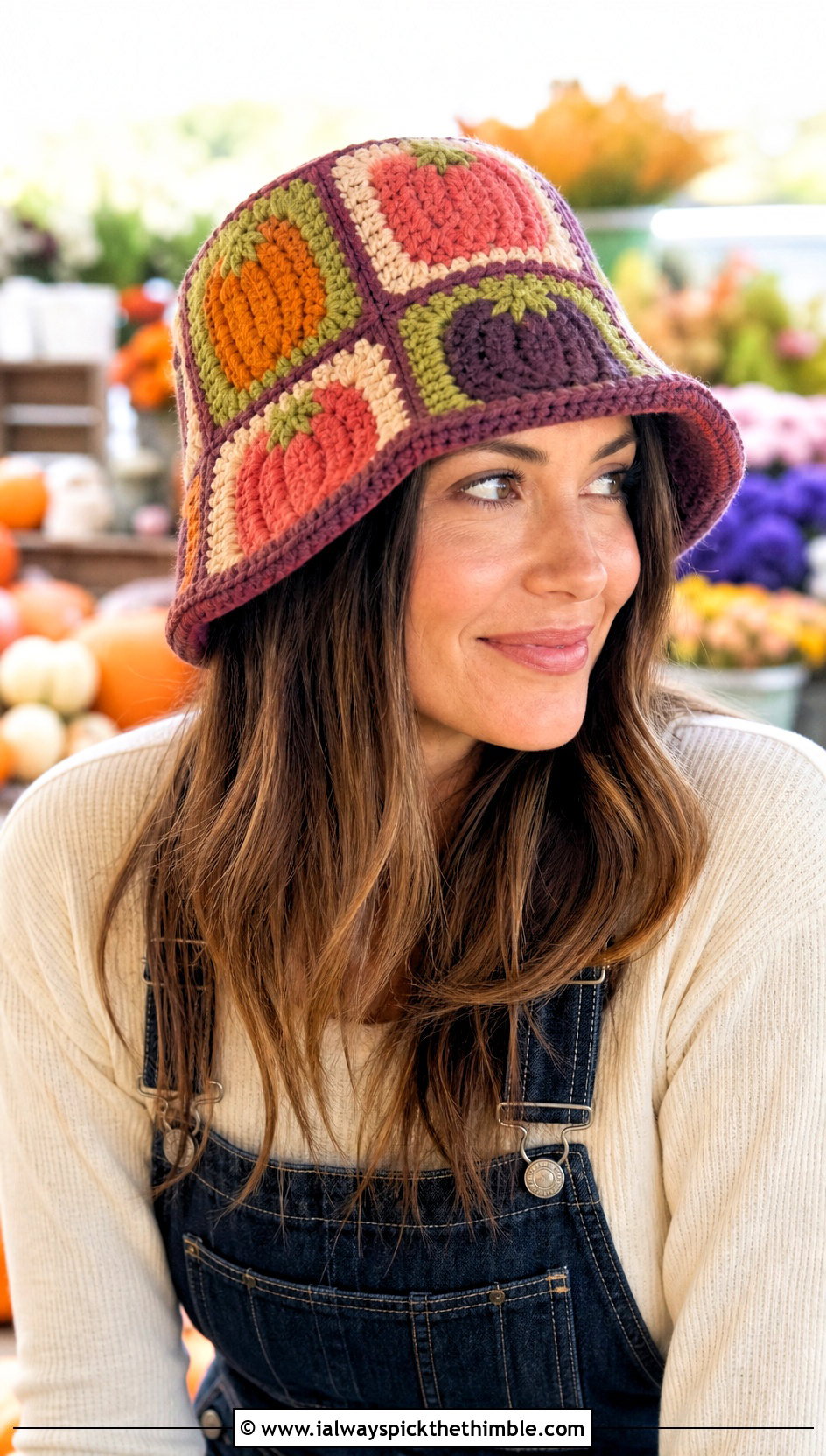 Granny Square Pumpkin Bucket Hat With Denim Overalls - 20 crochet pumpkin bucket hat outfit ideas