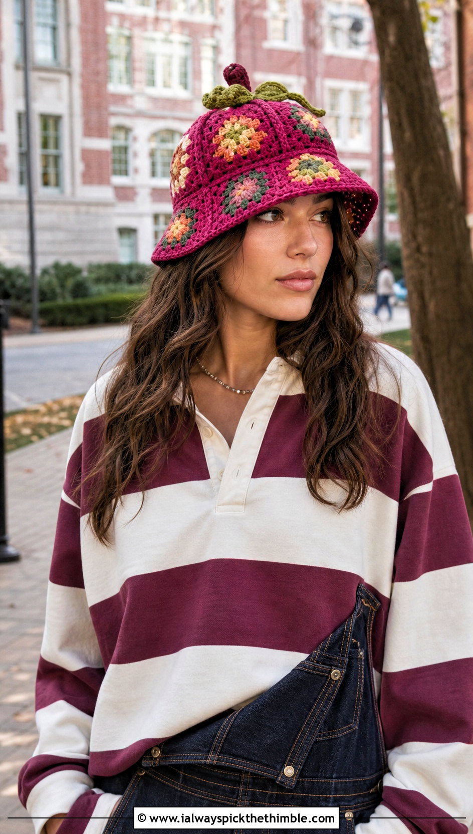 Granny Square Pumpkin Bucket Hat With Rugby Shirt - 15 Crocheted Pumpkin Hat outfit ideas