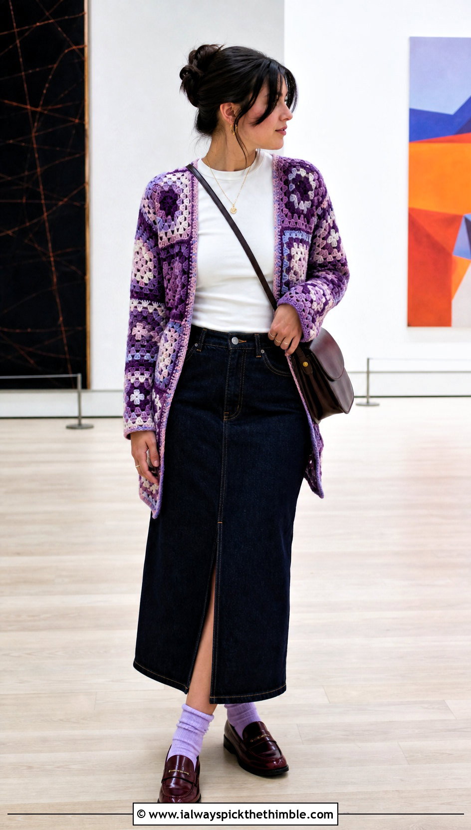 Granny Square Purple Crochet Cardigan With Denim Midi Skirt - 25 purple crochet cardigan outfit ideas