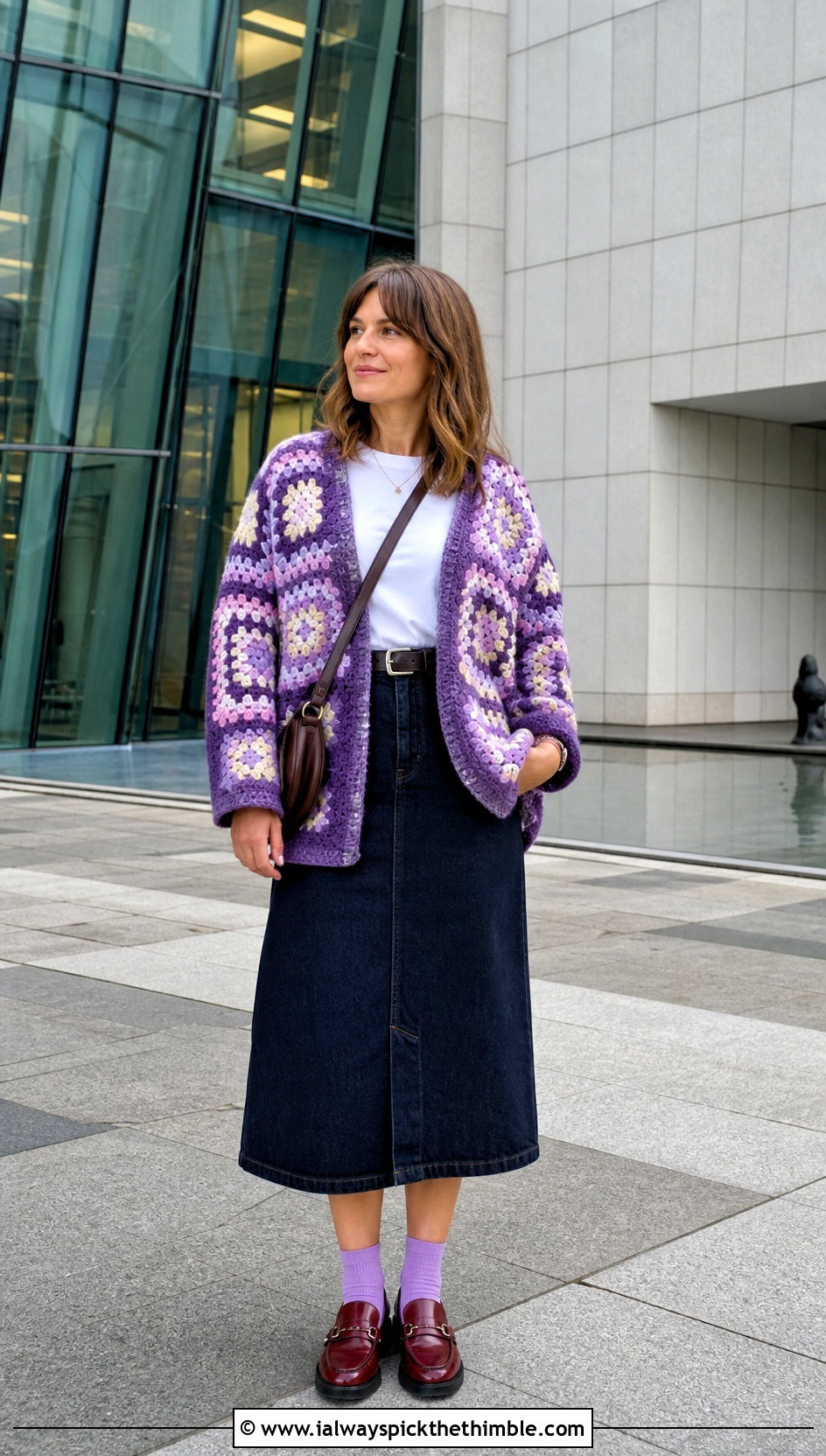 Granny Square Purple Crochet Cardigan With Denim Midi Skirt - 15 purple crochet cardigan on hanger outfit ideas
