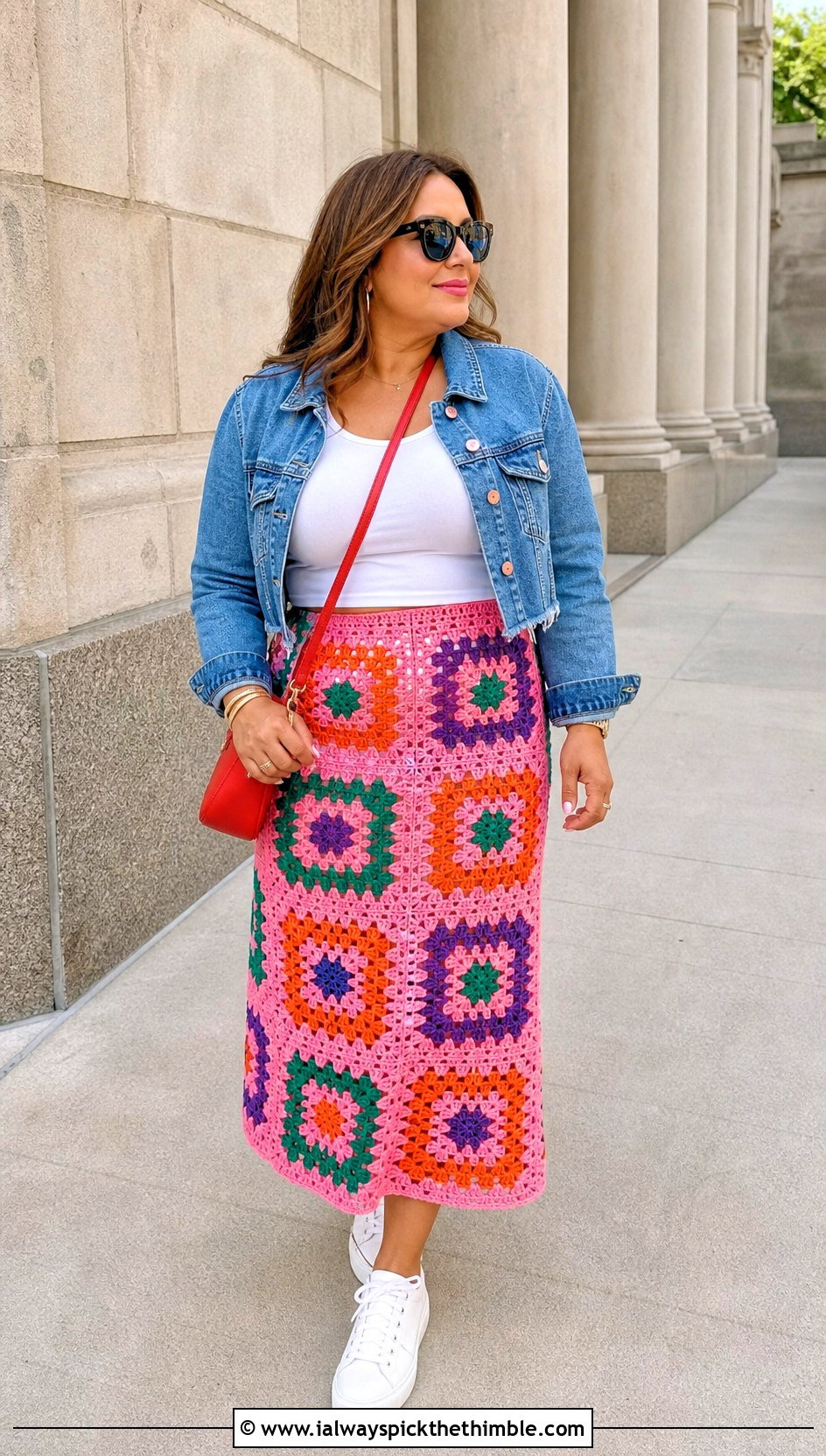 Granny Square Rainbow Crochet Midi Skirt With Denim Jacket - 20 Rainbow Crochet Skirt outfit ideas