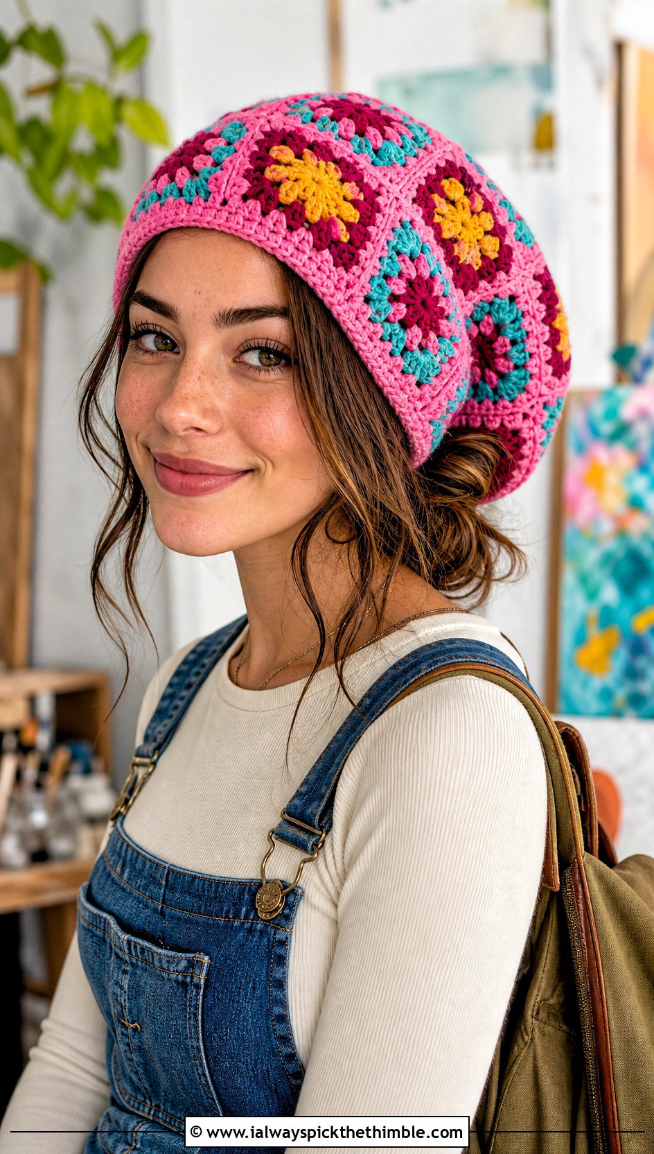 Granny Square Rasta Beanie With Denim Overalls - 20 crochet rasta beanie outfit ideas