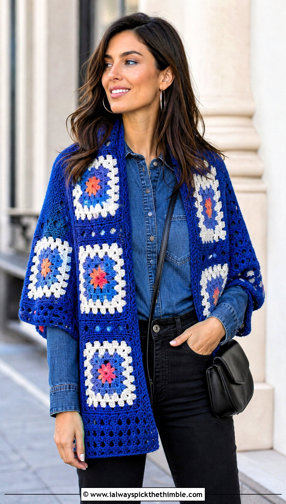 Granny Square Rectangle Crochet Shawl With Denim Shirt - 20 Rectangle Crochet Shawl outfit ideas