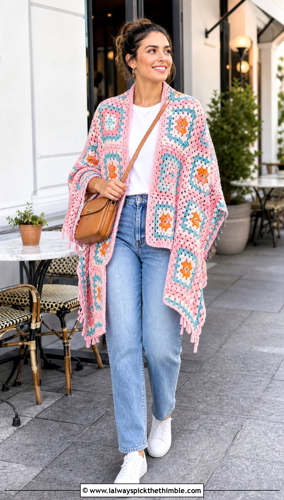 Granny Square Rectangle Crochet Shawl With Jeans - 20 Easy Rectangle Crochet Shawl outfit ideas