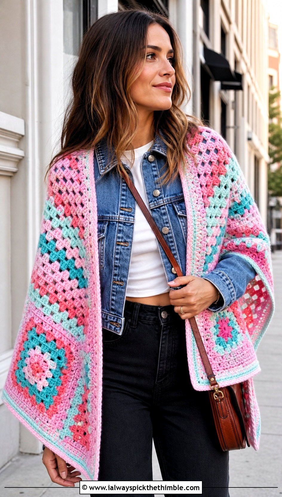 Granny Square Rectangular Shawl With Denim Jacket - 20 crochet rectangular shawl outfit ideas